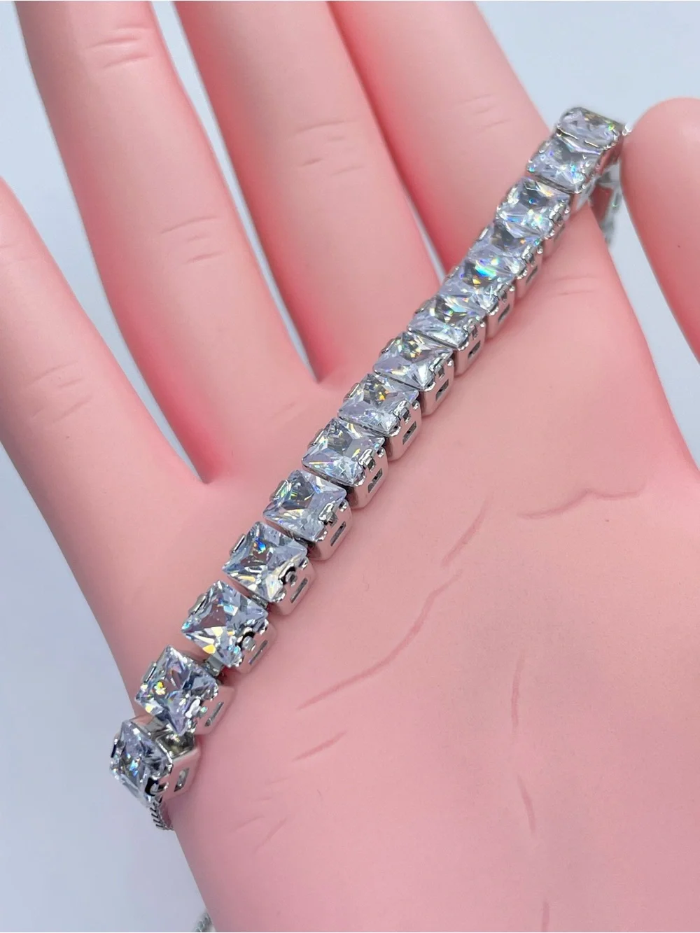 Swarovski Crystal Elements Diamond White Princess Cut Tennis Bracelet Silver